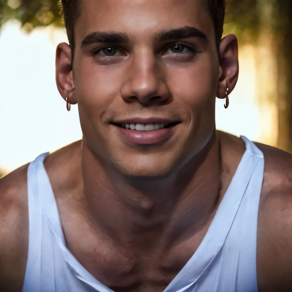 ((Men only1:1)), (body position is in a Cowboy Shot), (Handsome muscular man wearing men's tank top with red and blue tattoos all over his body), Mischievous smile, (detailed: 1 in 1), Natural muscles, HIGH quality lighting, beautiful eyes, (Detailed face and eyes), Real Photographic, Sharp Focus, High resolution 8K, realistic & Professional Photography, 8K UHD, Soft lighting, High quality, (best quality: 1.5), (Masterpiece: 1.5), Chest and face, (very high detailed: 1.5), (4k : 1.5), 1boy, (18 years old: 1.2), dramatic lighting ,(most beautiful white boy: 1.6), (tall boy: 1.3), (seductive eyes: 1.4), (very short hair: 1.4), (wear tank top men: 1.4), (earrings: 1.4), (wide lips: 1.5), (perfect photography: 1.4), (Proportionate nose: 1.4), (model boy: 1.5), (soft skin: 1.5), Body hair.
