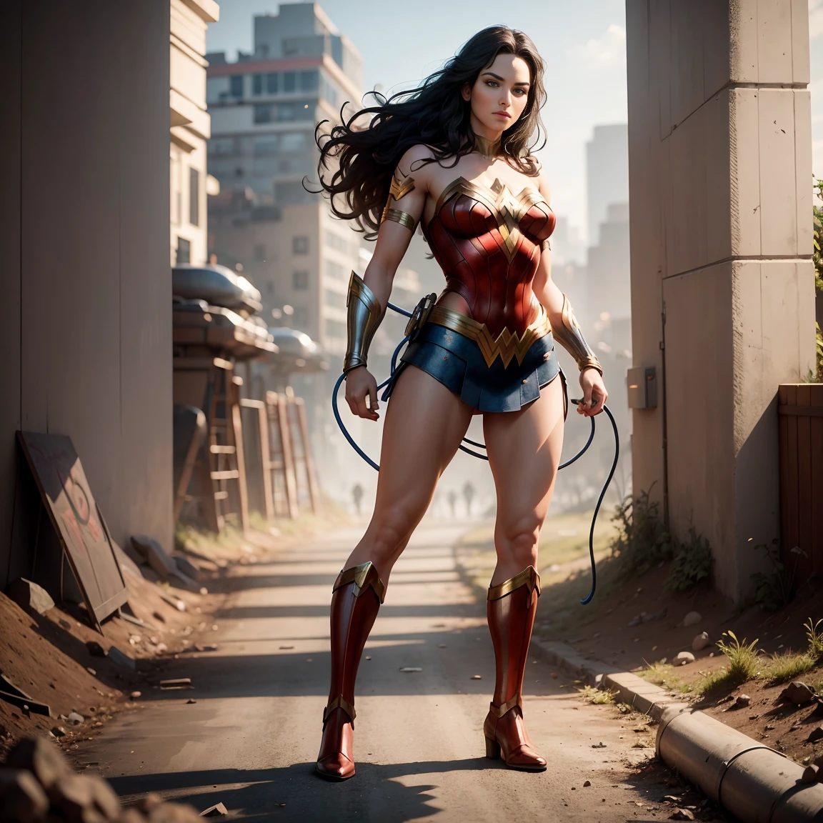 ((photo by full body, standing, Feet on the ground))  Wonder Woman with her shiny Lasso of Truth, photorrealistic, octane rendering, engine unreal, ultra-realistic