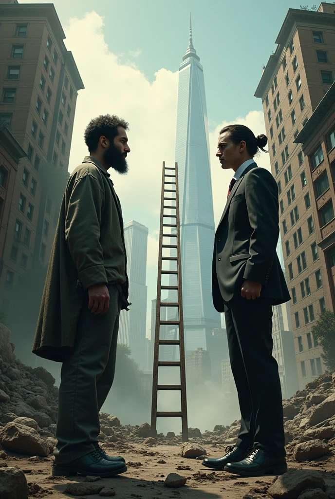 Projection of poverty and wealth both scenarios in the same image with a ladder in the middle 