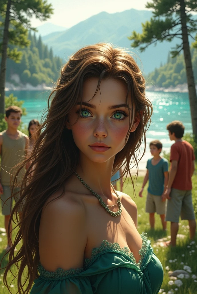 A beautiful girl, green eyes like the sea, brown hair, a beautiful daughter of Poseidon, is in the camp half blood with her brother Percy Jackson and all his friends