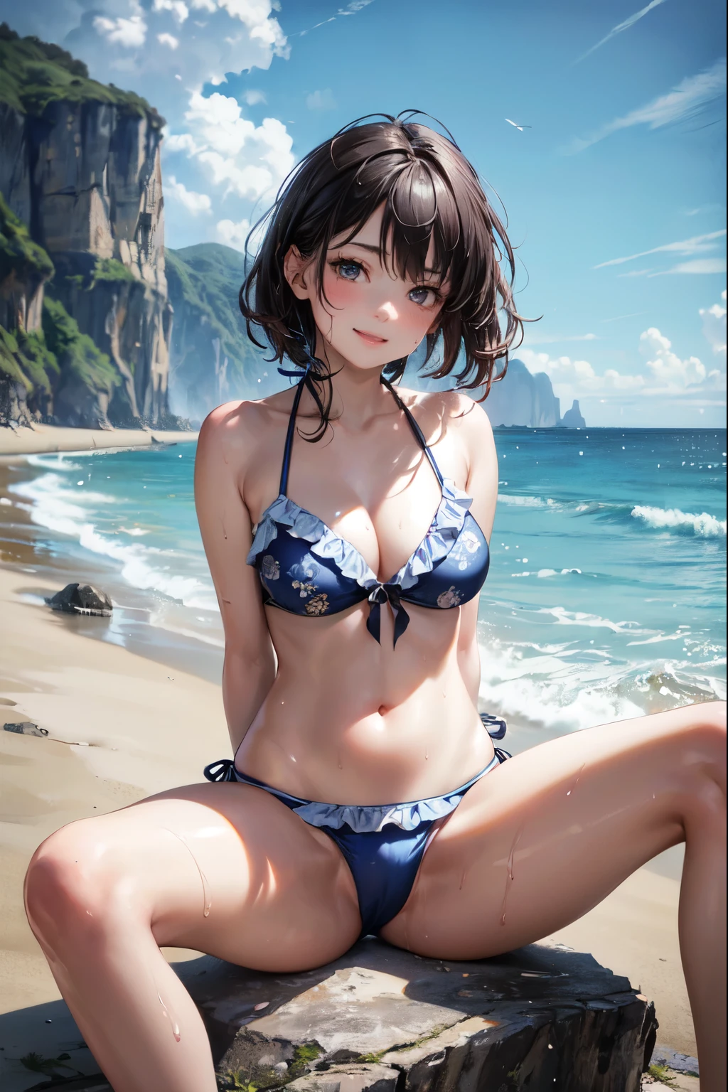 very cute and beautiful girl,(highly detailed beautiful face),(frilled floral blue and white bikini),sweat,wet, sitting,spread legs,arms behind back,beach,distant rugged cliffs,(smile),happy,looking at viewer,black hair, (best quality,masterpiece),absurdres,highres,ultra-detailed,extremely detailed,32k, cinematic scene,detailed background,solo,dynamic angle, hair fluttering in the wind,beautiful detailed sky,realistic,