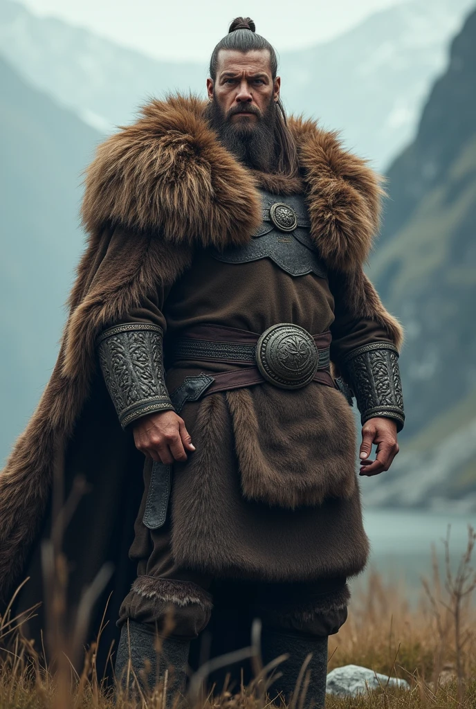 2 meter 35 Viking with long hair tied up, with bearskin clothing, muscular but thin.