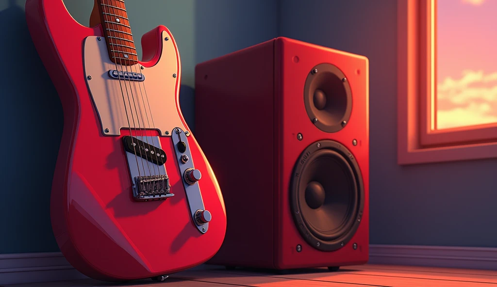 white Emotional computer speaker An all-red electric guitar leaning against a wall Desktop Music dawn An illustration Anime Style Electric guitar close-up