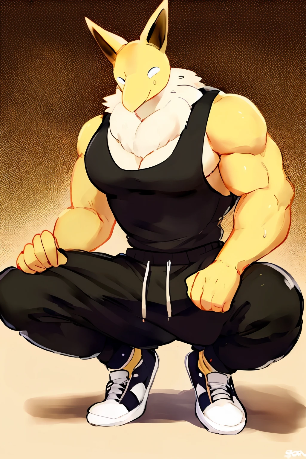 Furry, Anthro, solo, Hypno, Male, (((muscular body, massive thighs, massive male pectorals, yellow skin, fluffy neck, wearing white fur around neck, crouching, hands up))), ((((massive biceps)))), ((((((massive bulky torso, wearing black tanktop, wearing black sweatpants, wearing white sneakers, wide-eyed, head tilted)))))), full body, black/yellow spraypainted background, by buta99, by zackary911, by bebebebebe, (((digital painting)))