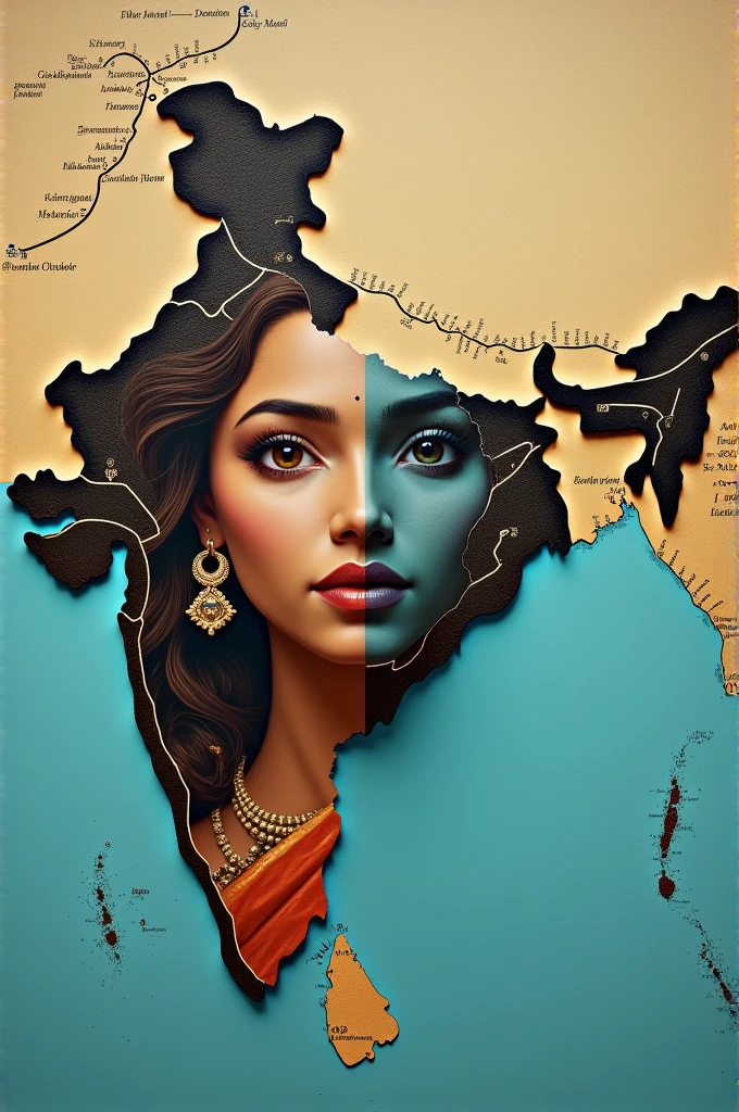 India map with bharatha maadha's face and Indian robotic face in india map