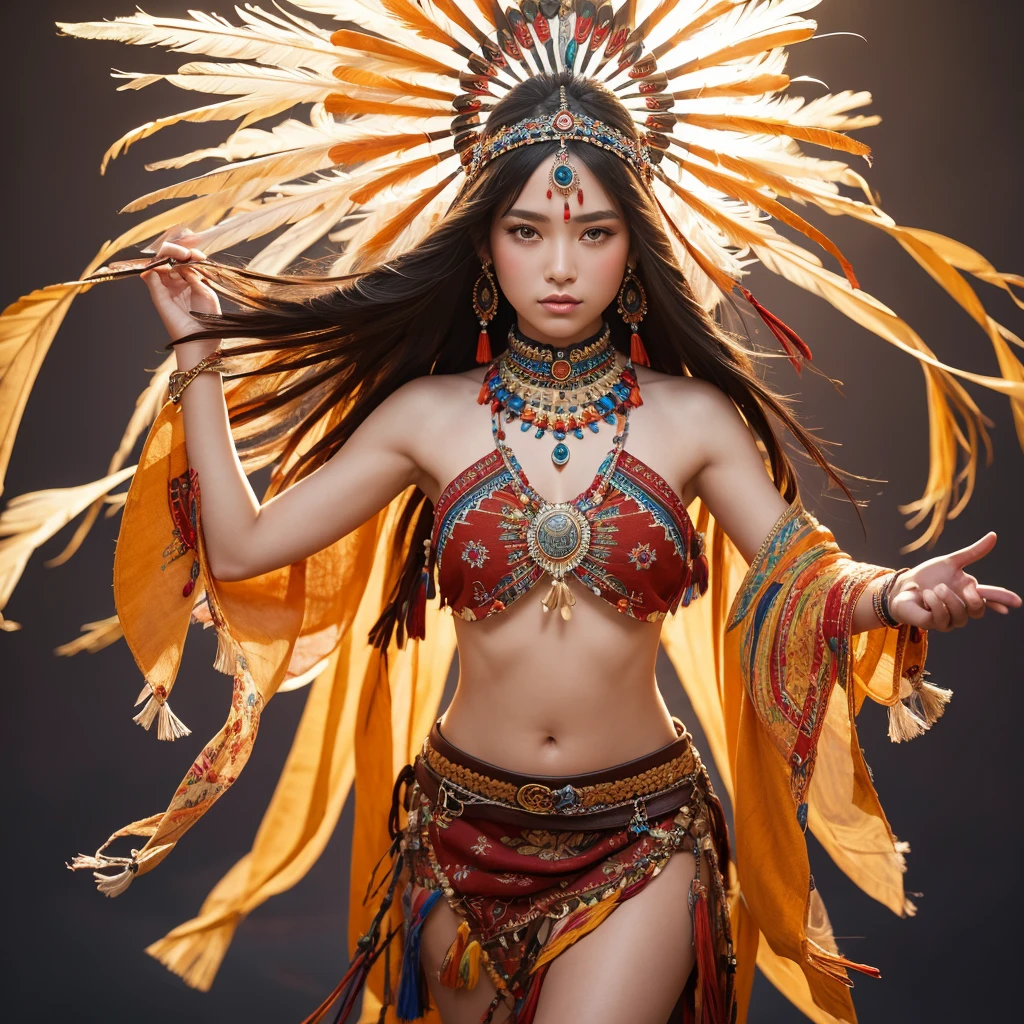 Native American beauty in dance poses, luxurious leather ponchos embroidered with intricate embroidery, flowing tulle, feather hair ornaments, war bonnet, tattoo, brown skin, Indian jewelry, Native American pattern, transparent and long colorful ubert on arms, navel ribbons, shoulders, necks, arm ring ribbons, wreaths, bracelets, anklets, Metal chain tassel around waist, sun god background, ink wash, popular CGSTATION, masterpiece, recent quality, high resolution details, 32K