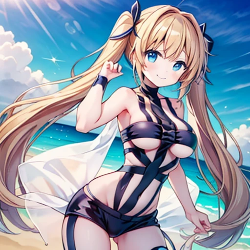 masterpiece,highest quality,Valley Haze,cute,beautiful hair,beautiful bust,beautiful hips,hot limit costume,Healthy bare skin,big breasts,well-shaped chest,Sea stage,sing with a smile,1girl girl,twintailshair,cute,coastal,Midsummer blue sky,enjoy,