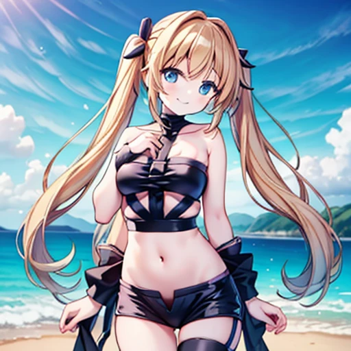 masterpiece,highest quality,Valley Haze,cute,beautiful hair,beautiful bust,beautiful hips,hot limit costume,Healthy bare skin,big breasts,well-shaped chest,Sea stage,sing with a smile,１girl girl,twintailshair,cute,coastal,Midsummer blue sky,enjoy,