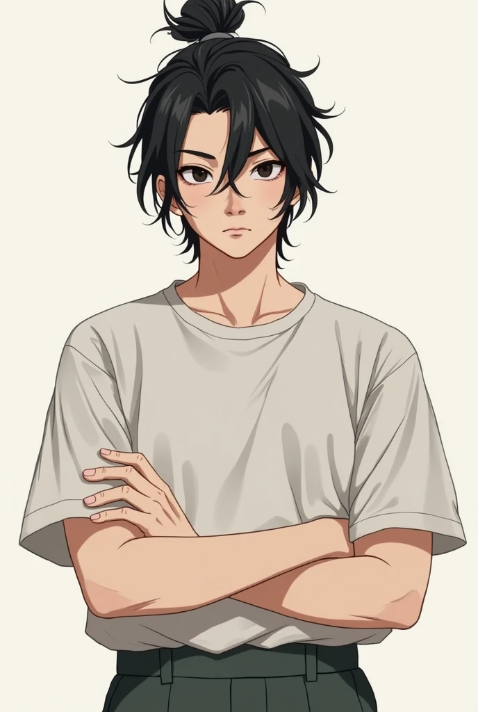 20-year-old male, offwhite, with dark hair tied in a loose bun on top of her head, black eyes, Standing with folded arms