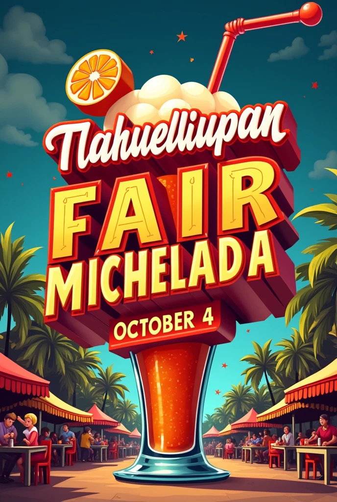 Create me a striking image that says, Up coming soon and down Tlahuelilpan fair from October 4 to 14 and that is illustrative to a michelada business