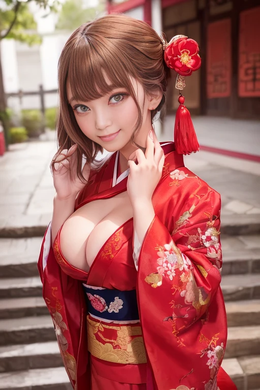 ((Hanbok、Hanbokコスチューム、Hanbokコスプレ、Hanbok装束、Hanbok衣装、Hanfu、Hanfuコスチューム、Hanfuコスプレ、Hanfu装束、Hanfu衣装、Old Chinese kimono、red、Gorgeous embroidery))、A person standing in the middle of the stone steps、Bob Hair、Medium breast、smile、masterpiece:1.3、Raw photo quality、Highest quality、Detailed Images、Detailed Background、Off the shoulder、Cleavage、Long raw legs、