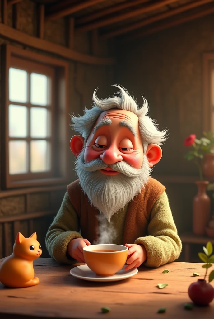 Poor village man having tea in old house 3d cartoon