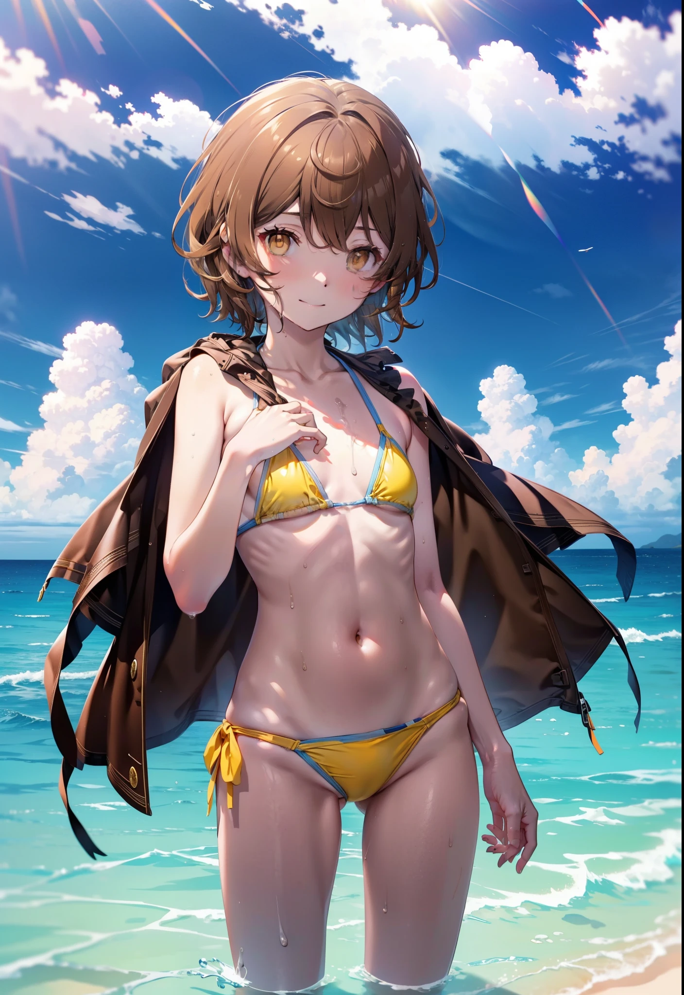 Lililukarde, (Brown eyes:1.7), Brown Hair,Short Hair, (Flat Chest:1.2), smile,short hair,Yellow bikini string swimsuit,Short denim,barefoot,Wet swimsuit,Wet Hair,Wet Skin,whole bodyがイラストに入るように,Water Play,True Summer,Daytime,Clear skies,
break looking at viewer,whole body, (Cowboy Shot:1. 5),
break outdoors, Beach,Ocean,
break (masterpiece:1.2), Highest quality, High resolution, unity 8k wallpaper, (figure:0.8), (Beautiful attention to detail:1.6), Highly detailed face, Perfect lighting, Highly detailed CG, (Perfect hands, Perfect Anatomy),