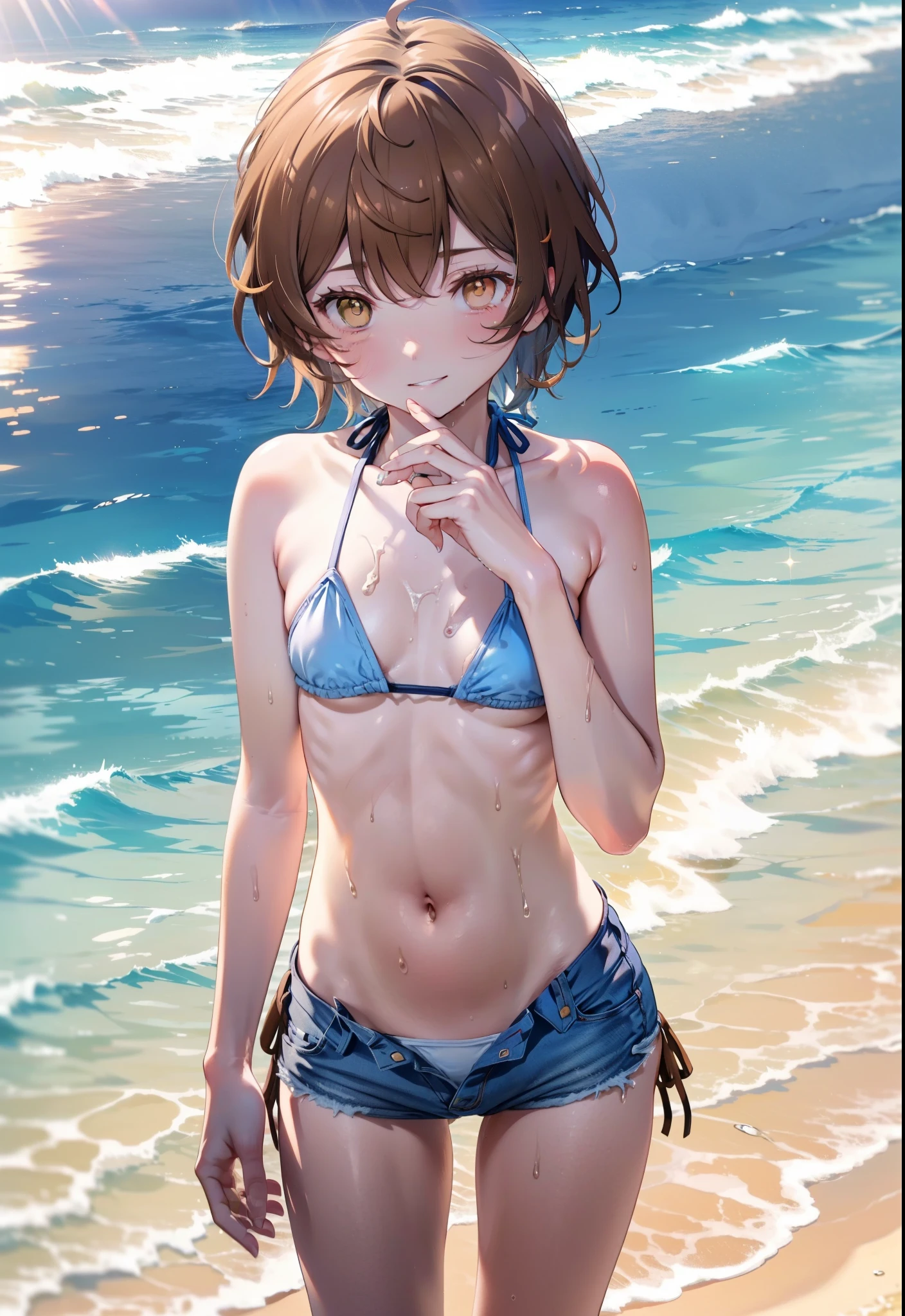 Lililukarde, (Brown eyes:1.7), Brown Hair,Short Hair, (Flat Chest:1.2), smile,short hair,Yellow bikini string swimsuit,Short denim,barefoot,Wet swimsuit,Wet Hair,Wet Skin,whole bodyがイラストに入るように,Water Play,True Summer,Daytime,Clear skies,
break looking at viewer,whole body, (Cowboy Shot:1. 5),
break outdoors, Beach,Ocean,
break (masterpiece:1.2), Highest quality, High resolution, unity 8k wallpaper, (figure:0.8), (Beautiful attention to detail:1.6), Highly detailed face, Perfect lighting, Highly detailed CG, (Perfect hands, Perfect Anatomy),