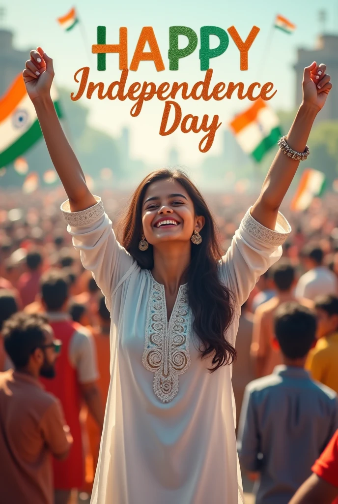 A real 20-year-old girl celebrates Indian Independence Day. she is wearing white kurti outfits with the name "Adwitiya" written on her attire. Above her, in the sky, the words "Happy Independence Day" are displayed in a bold font. The backdrop is filled with people celebrating, enhancing the festive and patriotic spirit of the day.