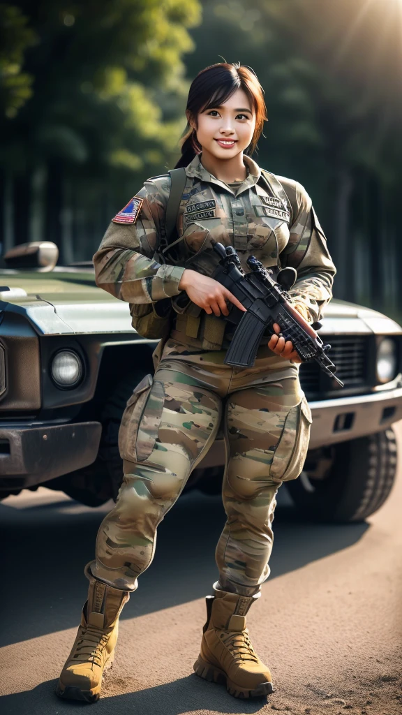 (8K, Raw-Photo, best qualtiy, tmasterpiece:1.2),(realisticlying, photograph realistic:1.4),(Highly detailed CG unity 8k wallpaper),(Round face: 1.5), (detailed pupil:1.3),(Cool Eyes:1.1),(little smile:1.1),(Unforgettable Eyes:1.1),(The eyes are so beautiful:1.1),A young but very beautiful 35-year-old Malay female soldier stands in front of a snowy mountain valley ,K2 rifle in hand,Clothed Malaysia. Army Digital Camo Uniform, strong muscles,Commando Girl, assault rifle, (holding rifle: 1.3), (Aim and hold the rifle...: 1.3),navels, glove, Ripped military pants,