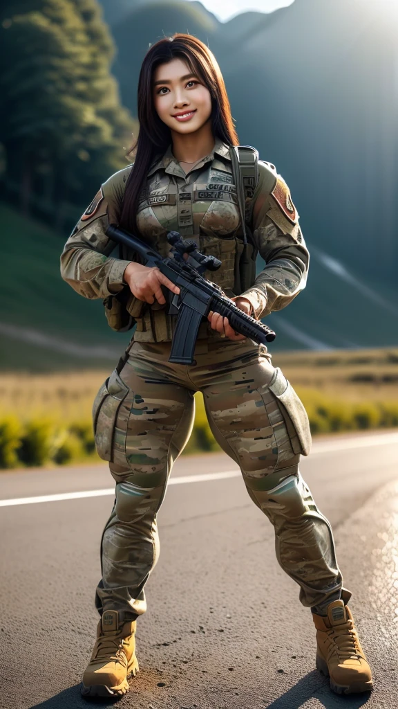 (8K, Raw-Photo, best qualtiy, tmasterpiece:1.2),(realisticlying, photograph realistic:1.4),(Highly detailed CG unity 8k wallpaper),(Round face: 1.5), (detailed pupil:1.3),(Cool Eyes:1.1),(little smile:1.1),(Unforgettable Eyes:1.1),(The eyes are so beautiful:1.1),A young but very beautiful 35-year-old Malay female soldier stands in front of a snowy mountain valley ,K2 rifle in hand,Clothed Malaysia. Army Digital Camo Uniform, strong muscles,Commando Girl, assault rifle, (holding rifle: 1.3), (Aim and hold the rifle...: 1.3),navels, glove, Ripped military pants,