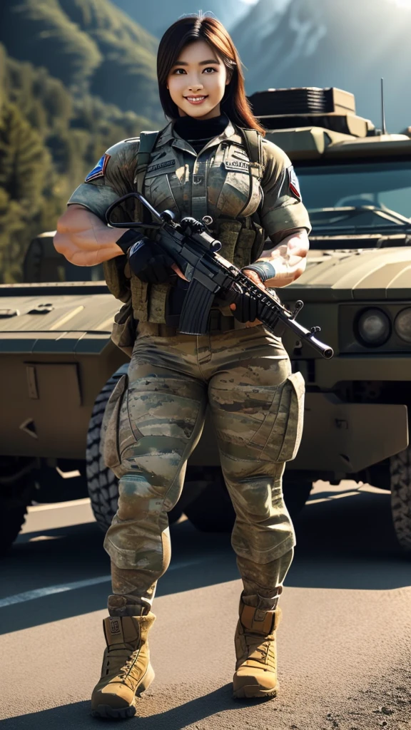 (8K, Raw-Photo, best qualtiy, tmasterpiece:1.2),(realisticlying, photograph realistic:1.4),(Highly detailed CG unity 8k wallpaper),(Round face: 1.5), (detailed pupil:1.3),(Cool Eyes:1.1),(little smile:1.1),(Unforgettable Eyes:1.1),(The eyes are so beautiful:1.1),A young but very beautiful 35-year-old Malay female soldier stands in front of a snowy mountain valley ,K2 rifle in hand,Clothed Malaysia. Army Digital Camo Uniform, strong muscles,Commando Girl, assault rifle, (holding rifle: 1.3), (Aim and hold the rifle...: 1.3),navels, glove, Ripped military pants,