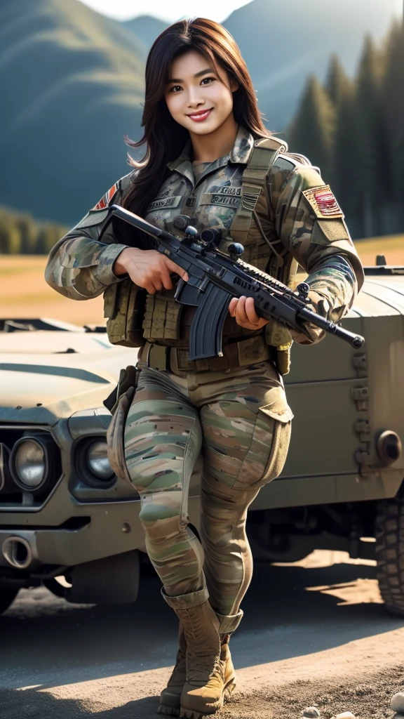 (8K, Raw-Photo, best qualtiy, tmasterpiece:1.2),(realisticlying, photograph realistic:1.4),(Highly detailed CG unity 8k wallpaper),(Round face: 1.5), (detailed pupil:1.3),(Cool Eyes:1.1),(little smile:1.1),(Unforgettable Eyes:1.1),(The eyes are so beautiful:1.1),A young but very beautiful 35-year-old Malay female soldier stands in front of a snowy mountain valley ,K2 rifle in hand,Clothed Malaysia. Army Digital Camo Uniform, strong muscles,Commando Girl, assault rifle, (holding rifle: 1.3), (Aim and hold the rifle...: 1.3),navels, glove, Ripped military pants,