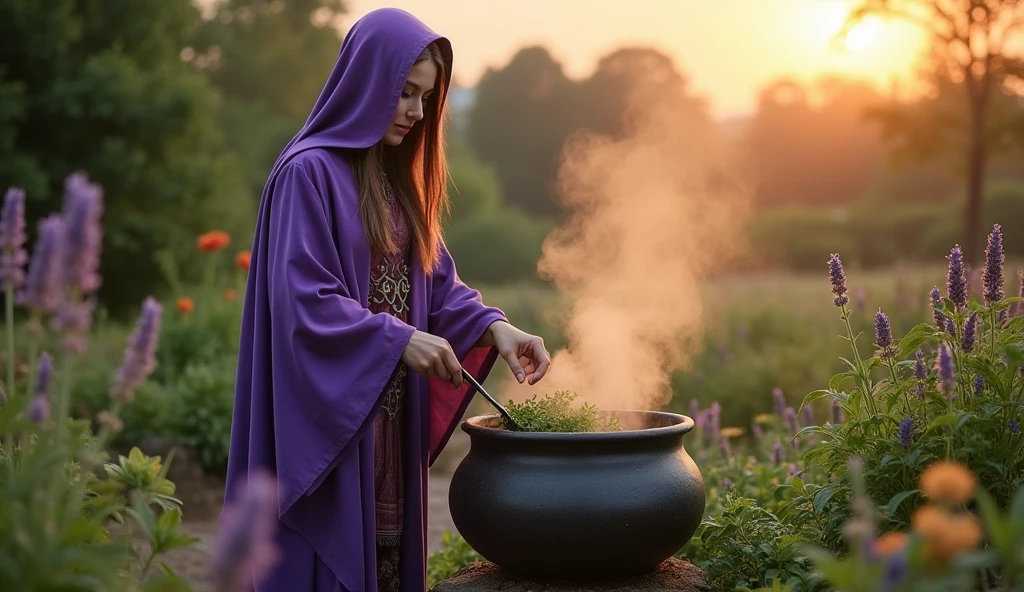 woman standing with violet priestess cloak, stirring the large pot of VARIOUS HERBS , in the garden of your house, no gloves, with perfect hands tilling the earth, convey a lot of depth, many HERBS: Mint, basil, rue, Lavender, in the evening sun