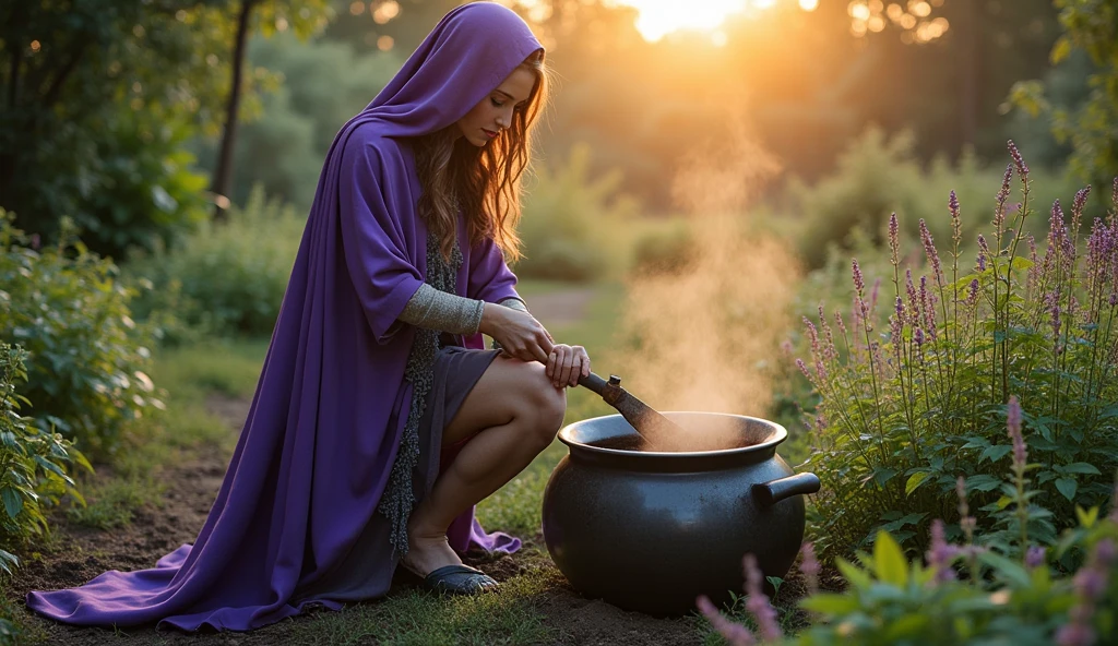 woman standing with violet priestess cloak, stirring the large pot of VARIOUS HERBS , in the garden of your house, no gloves, with perfect hands tilling the earth, convey a lot of depth, many HERBS: Mint, basil, rue, Lavender, in the evening sun