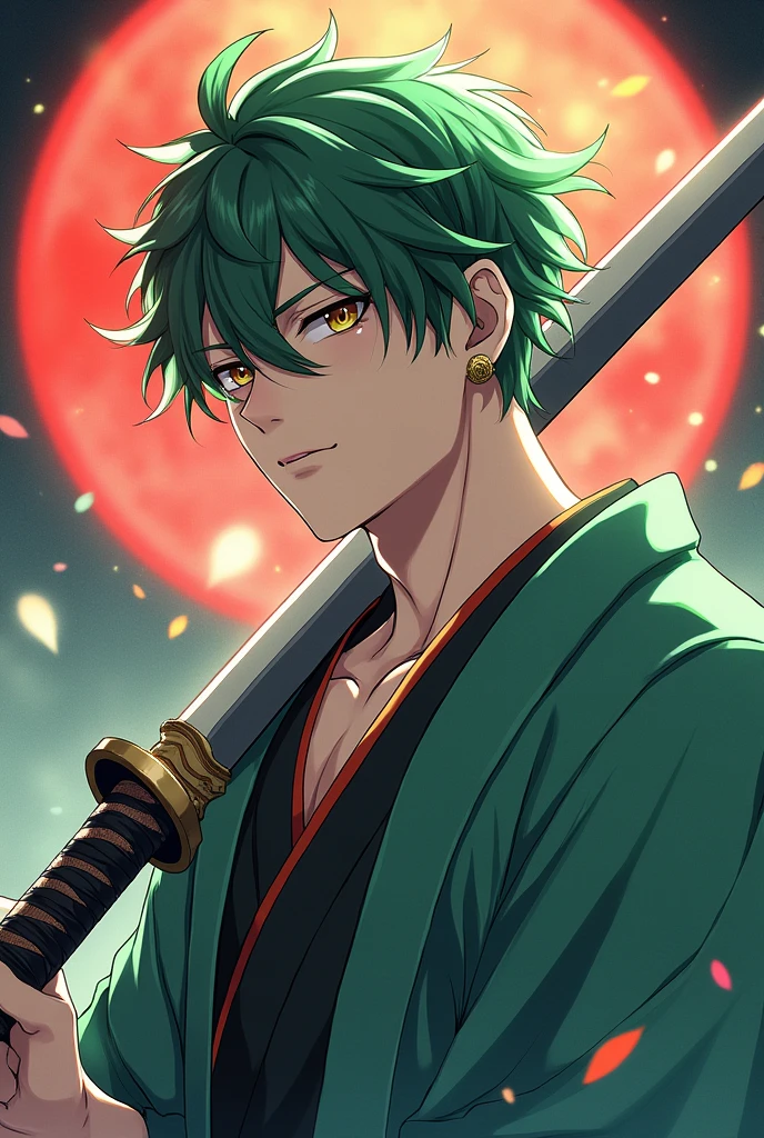 Argus mobil legendwith green hair with scar on left eye, swords legendarias(1 swords)(unearth),kimono,Japanese,espadas legendarias Japaneseas,3 gold earrin( Argus), mobile legend, HD Illustrations, Handsome boy in Demon Slayer art, Badass Anime 8K, Art by Kentaro Miura, Okab Rintarou, pixiv, advanced digital anime art ”, High quality fanart, Fan Art, from Shitao, Kakyoin