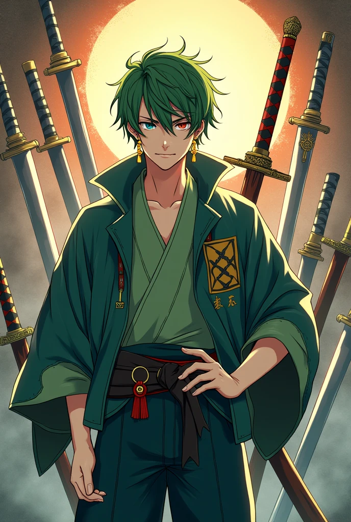 Argus mobil legendwith green hair with scar on left eye, swords legendarias(1 swords)(unearth),kimono,Japanese,espadas legendarias Japaneseas,3 gold earrin( Argus),  mobile legend, HD Illustrations, Handsome boy in Demon Slayer art, Badass Anime 8K, Art by Kentaro Miura, Okab Rintarou, pixiv, advanced digital anime art ”, High quality fanart, Fan Art, from Shitao, Kakyoin