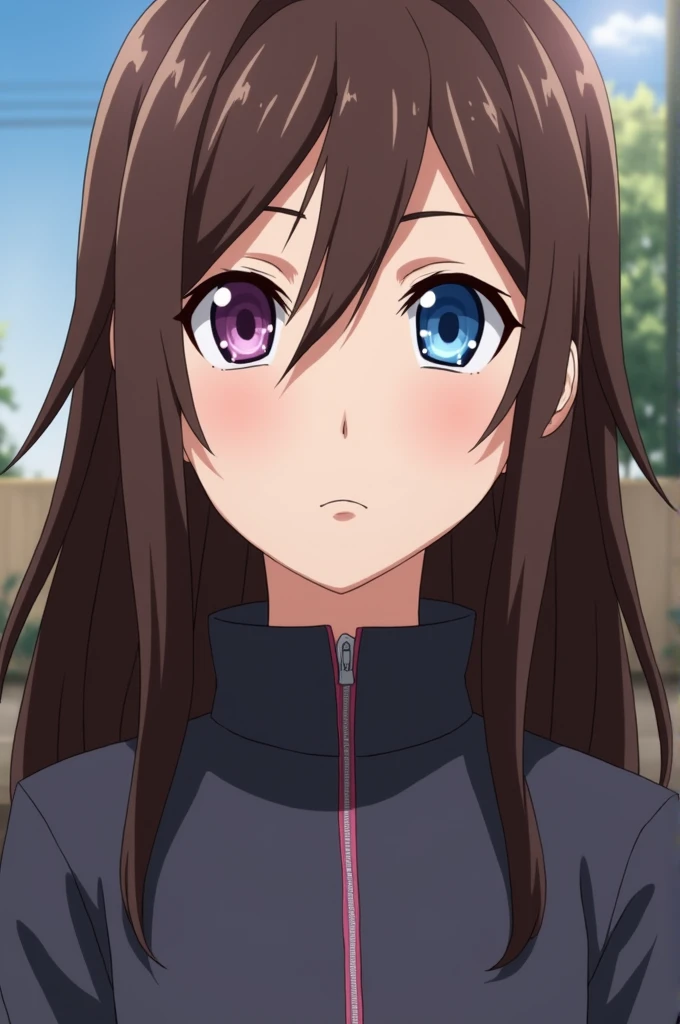 ((best quality)), ((masterpiece)), (detailed), perfect face Naruto animation Woman about 14 Long brown hair With eyes of different colors One purple eye and one blue eye Full body