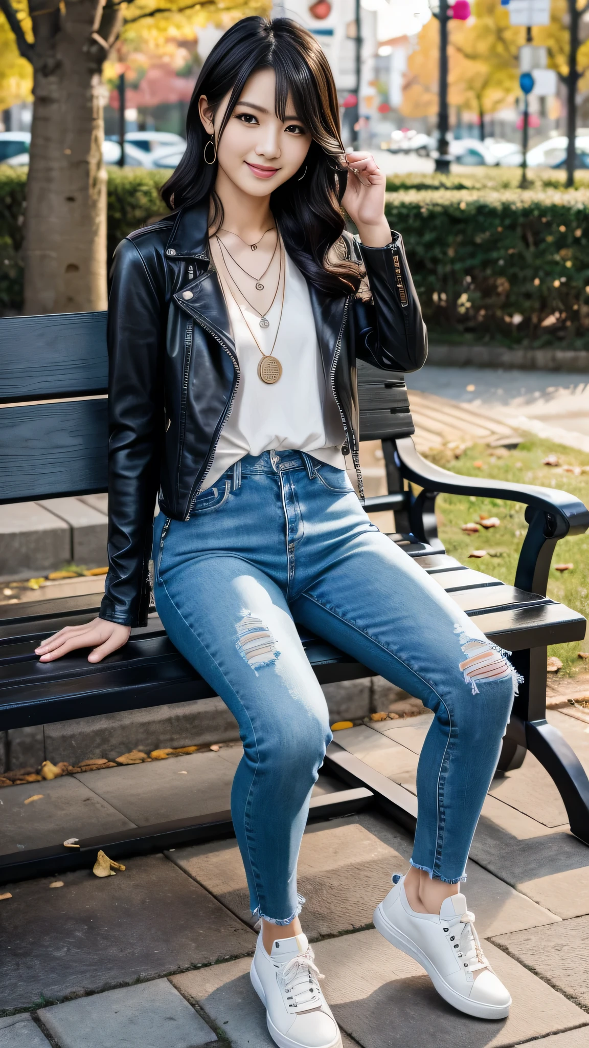 Super Resolution、Beautiful Japanese Women、Full body photo、sitting on a park bench、Black Hair、hairstyle semi long、Wavy Hair、ear piercing、necklace、leather jacket、shirt、Skinny jeans、sneakers、Closed mouth smile、