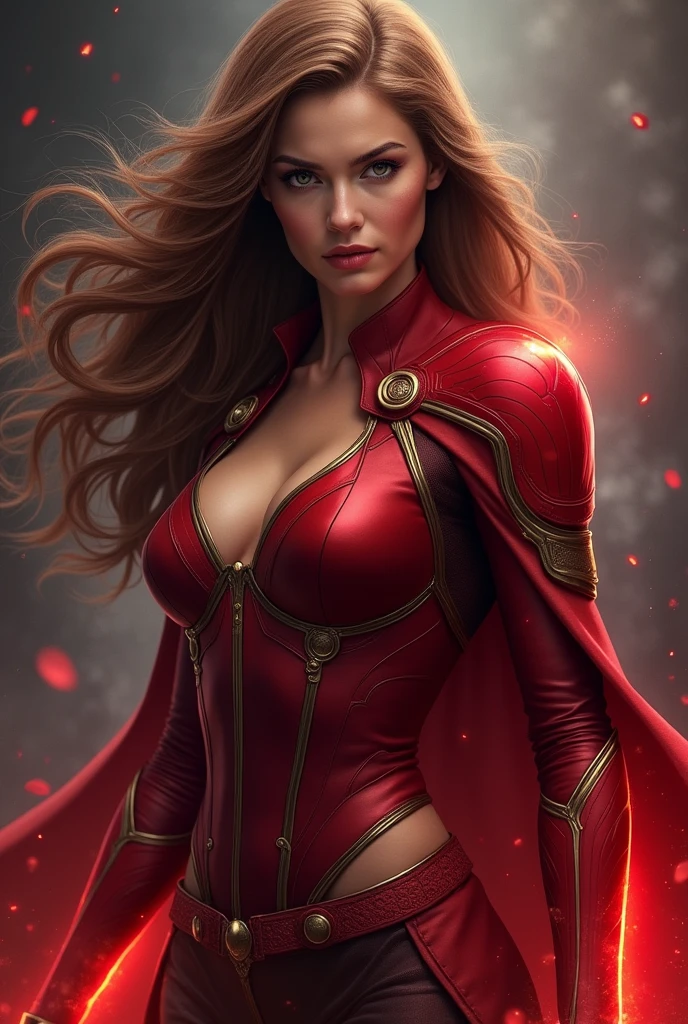 Female super hero, outfit inspired in comics Scarlet Witch, mystic background, brown long hair, red mage power, brown eyes, realistic art, mature hero, hero pose