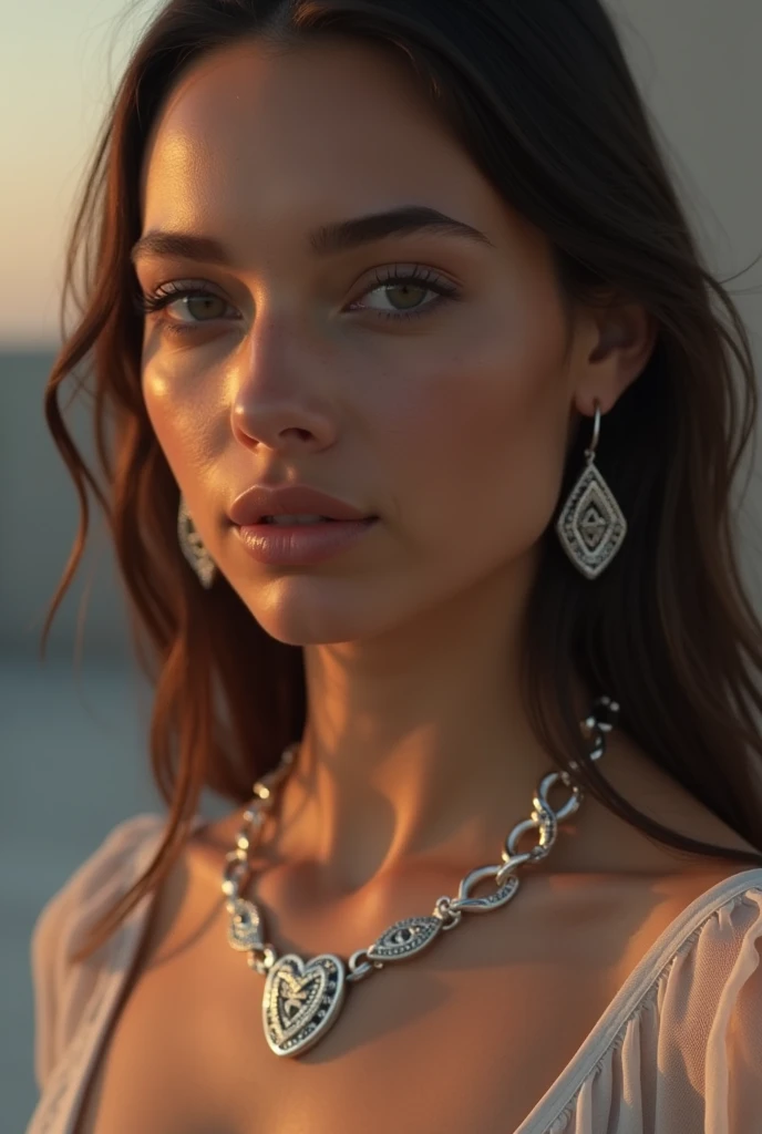 generate an image of jewelry especially earrings with an alternative, modern and youthful style with a gray background, it has to be silver jewelry, lets do it more youth focused and look professional as if it was going to appear in a tv commercial
lets make it look a bit more expensive and a model using them make it realistic
the model has to be in a sunset light