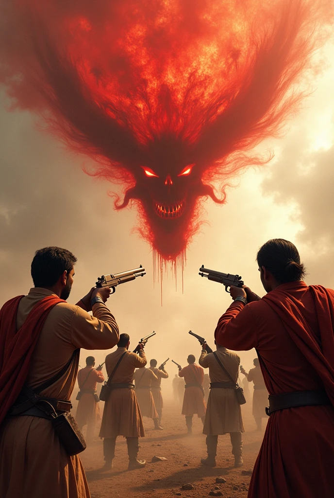 (photorealism:1.2), some indian freedom fighters are shooting a floating name "vogi" which is colored red evil, with guns.