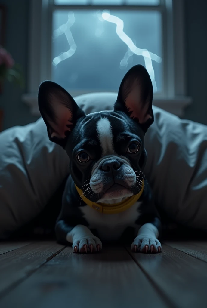 there is a small black and white dog wearing a yellow collar, closeup of an adorable, sad look, under the bed, laying on the floor, stares at the camera, looking up at the camera, window above it with rain and lightning, french bulldog, looking directly at the camera, sad-looking face!