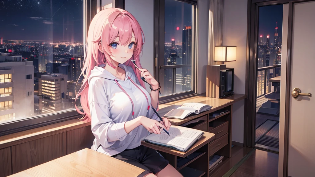 Japanese,Slightly larger breasts,Night view,High-rise apartment building,Looking out the window from the room,Beautiful woman,hot pants,hoodie,Ultra high definition,Cute face,smile, studying, notebook, desk, one person