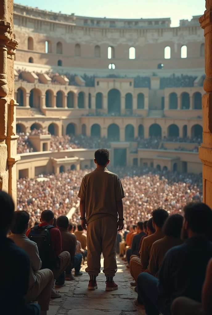 Humble rapper in the middle of a coliseum speaking to the people