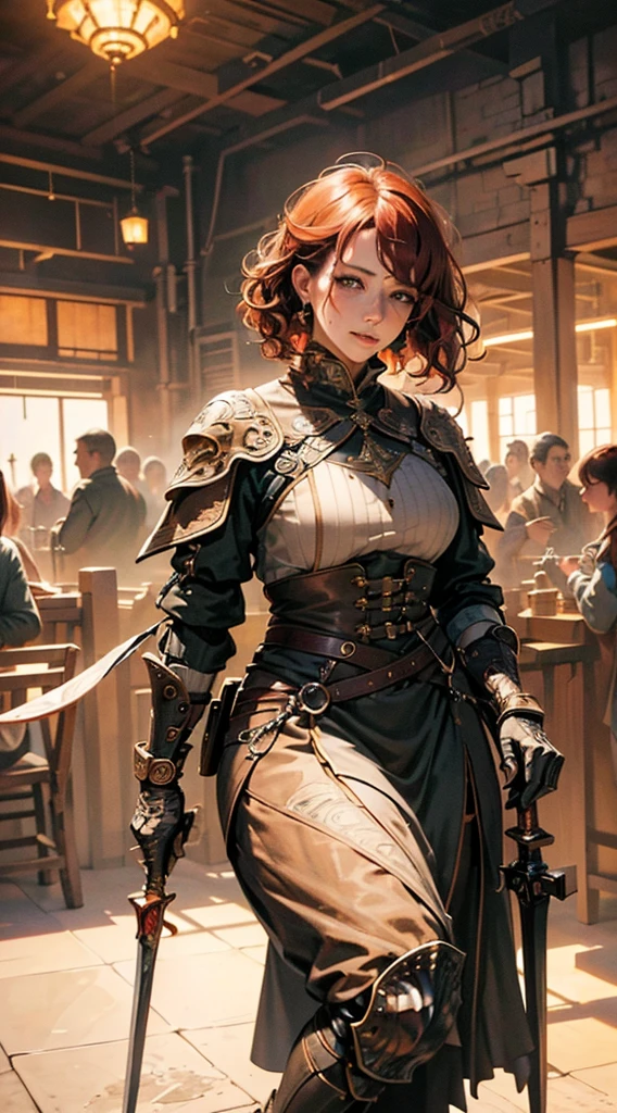 Detailed face features:1.3), (((mature woman))), standing wearing a flowing long dress, holding a sword, (face close-up photo, 16k, masterpiece, best quality: 1.2), (high detailed skin), (red short curly hair), ((brown eyes, freckles, detailed lips)), slim, automatic white balance, (ultra realism, hyper detailed and intricate realism: 1.3), (wide depth of field, radiant mapping: 1.2), High dynamic range, vivid, rich details, clear shadows and highlights, realistic, intense, enhanced contrast, Focus on the character, chaotic epic background, blur background,