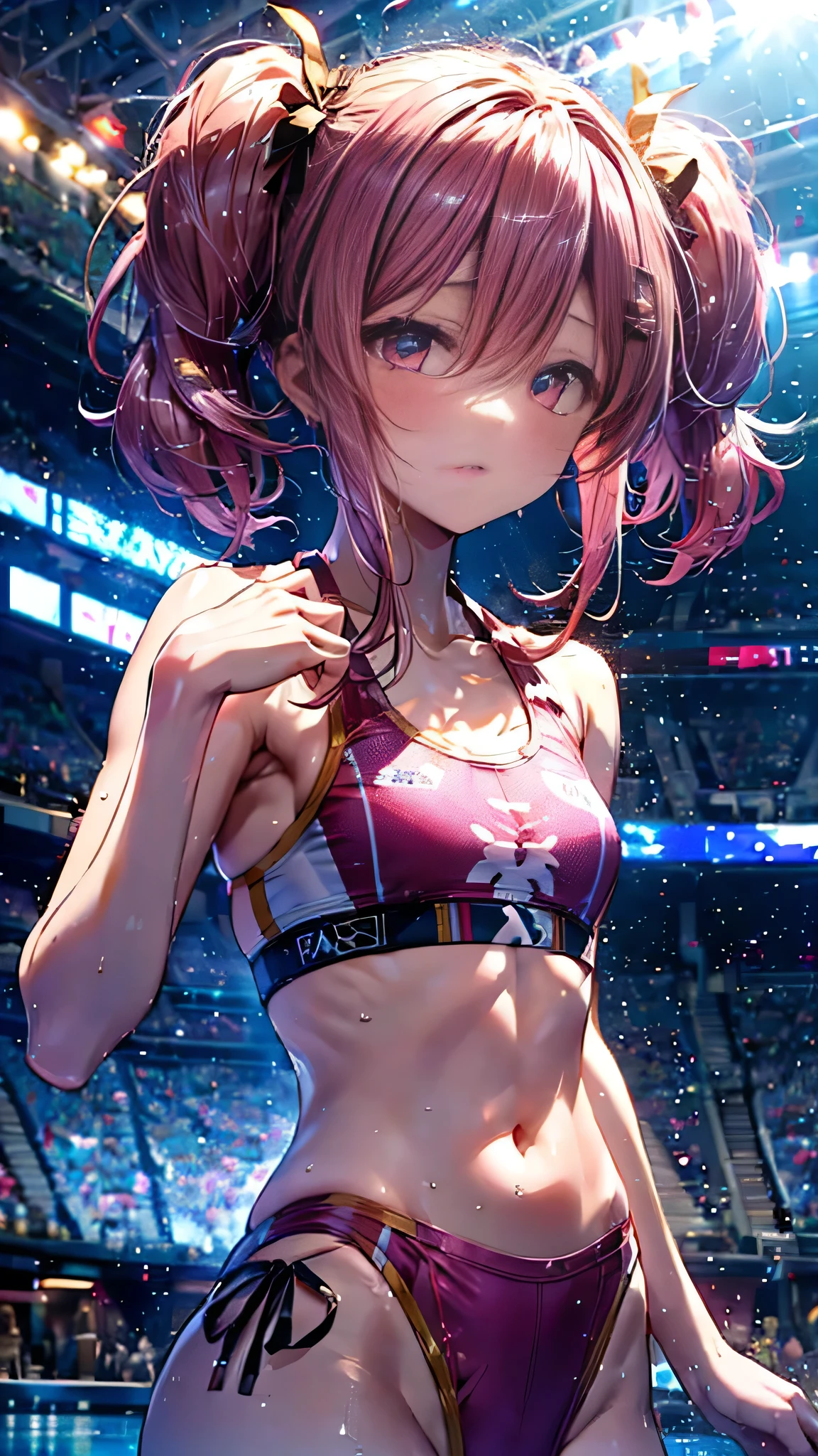 , girl, sports bra, type swimsuit, small chest, dark pink hair, ((short hair)(pigtails)),