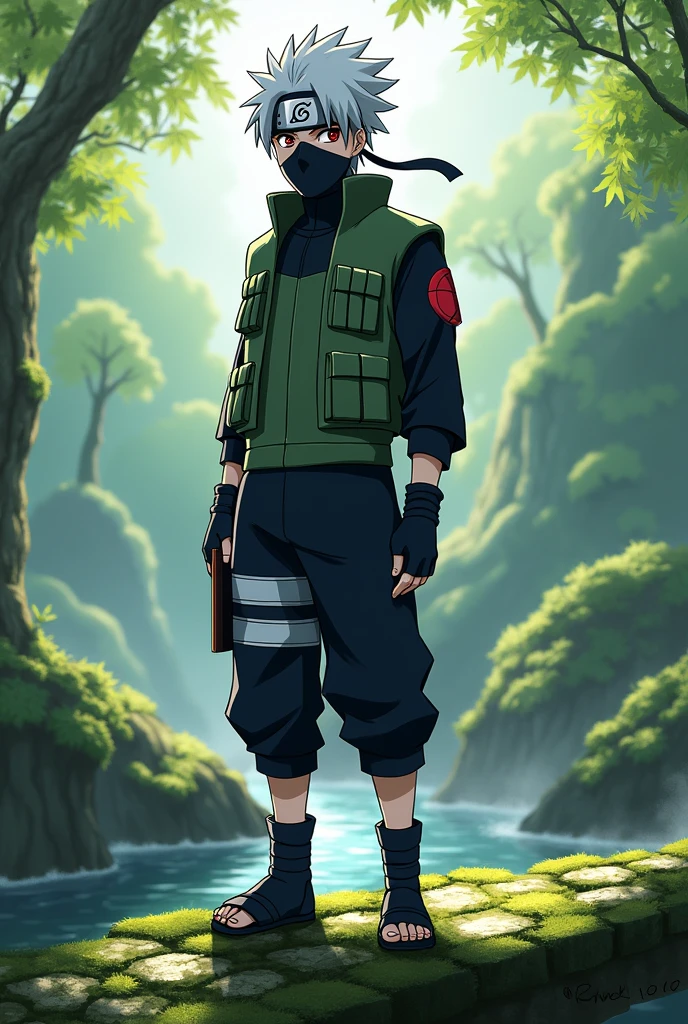 Kakashi stands tall on a moss-covered stone bridge, surrounded by lush greenery and a gentle mist that dances in the air. The atmosphere is serene, yet there is a sense of anticipation and readiness. The style is reminiscent of an anime illustration, with vibrant colors and dynamic lines capturing Kakashi's powerful presence. Soft, natural light filters through the leaves, casting a gentle glow on his silver hair and masked face. The realization is a digital painting, created with a Wacom tablet and Photoshop, using a combination of soft brushes and sharp lines to bring out the intricate details of Kakashi's attire and expression.