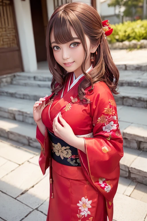 ((Hanbok、Hanbokコスチューム、Hanbokコスプレ、Hanbok装束、Hanbok衣装、Hanfu、Hanfuコスチューム、Hanfuコスプレ、Hanfu装束、Hanfu衣装、Old Chinese kimono、red、Gorgeous embroidery))、A person standing in the middle of the stone steps、Bob Hair、Medium breast、smile、masterpiece:1.3、Raw photo quality、Highest quality、Detailed Images、Detailed Background、Off the shoulder、Cleavage、Long raw legs、