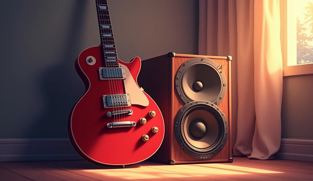white　Emotional　computer　speaker　An all-red, two-humbucker, pickguard-less electric guitar leaning against a wall　Desktop Music　dawn　An illustration　Anime Style　Electric guitar close-up