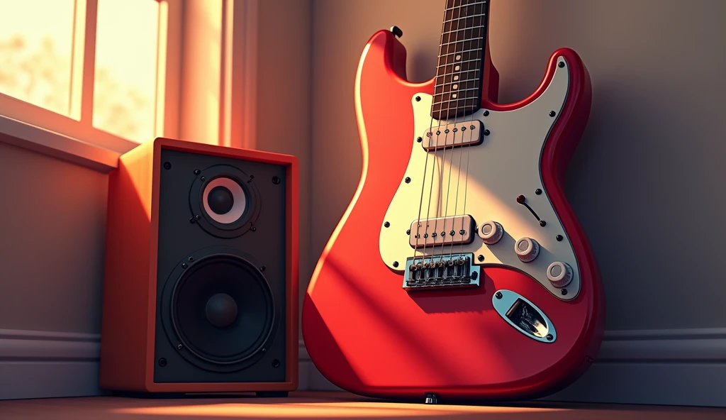 white　Emotional　computer　speaker　An all-red, two-humbucker, pickguard-less electric guitar leaning against a wall　Desktop Music　dawn　An illustration　Anime Style　Electric guitar close-up