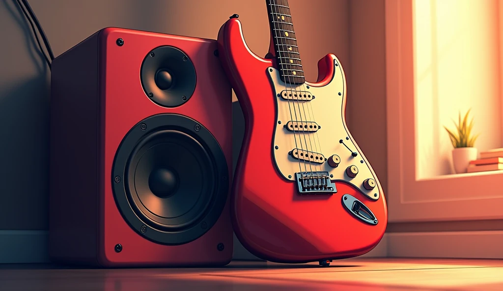 white Emotional computer speaker An all-red, two-humbucker, pickguard-less electric guitar leaning against a wall Desktop Music dawn An illustration Anime Style Electric guitar close-up