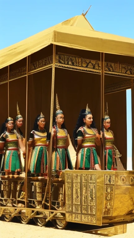a beautifuwomanl, detailed, ultra-realistic scene in which Cleopatra leads the Egyptian army into battle, in an Egyptian chariot. Detailed Egyptian weapons, ambiente de campo de batalha no deserto. Sunlight shines on their ornate Egyptian attire, creating a 4K cinematic atmosphere. Apparently Egyptian features and wavy hair, with clothes and ornaments of an Egyptian queen