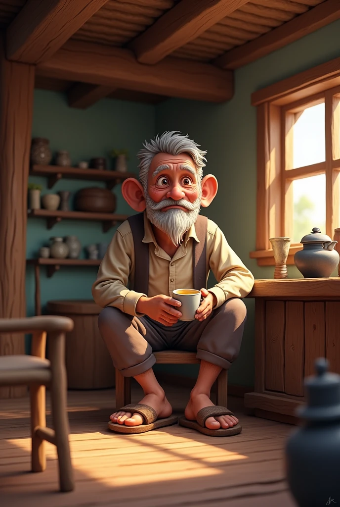 Poor village man having tea in old home 3d cartoon