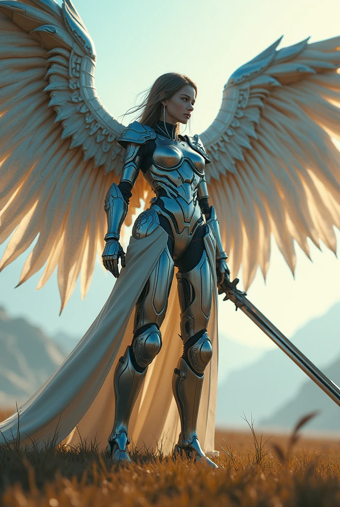 battle scene,war effect,ultimate buttle mode,REAL - style image of a woman with a sword in a field, cyberpunk art inspired by Leng Mei, cgsociety contest winner, fantasy art, beautiful cyborg angel girl, angel knight girl, as a mystical valkyrie, battle angel, angel in plastic armor, mechanized valkyrie girl, unreal engine 4k wallpaper, wraith from apex legends, epic angel wings
