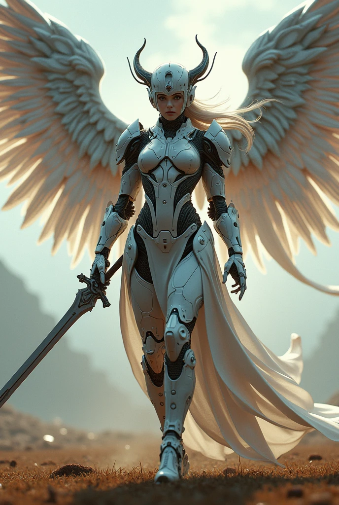 battle scene,war effect,ultimate buttle mode,REAL - style image of a woman with a sword in a field, cyberpunk art inspired by Leng Mei, cgsociety contest winner, fantasy art, beautiful cyborg angel girl, angel knight girl, as a mystical valkyrie, battle angel, angel in plastic armor, mechanized valkyrie girl, unreal engine 4k wallpaper, wraith from apex legends, epic angel wings
