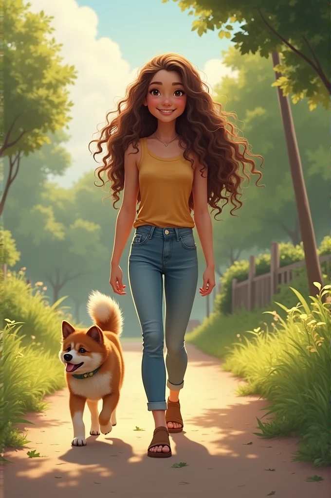 Brunette girl with curly hair walking a dog 
