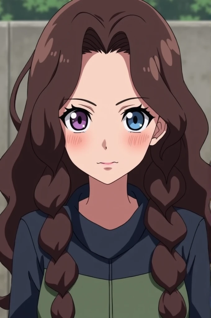 ((best quality)), ((masterpiece)), (detailed), perfect face Naruto animation Woman about 14 Long brown hair With eyes of different colors One purple eye and one blue Long curly hair 