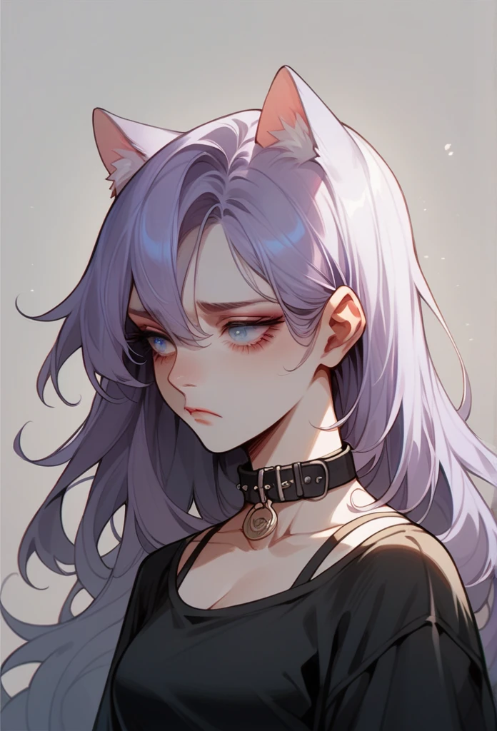 1girl, cat ears, long hair, bangs, light purple hair, gorgeous blue eyes, eyeliner, long lashes, sad, frown, collar, black top, breasts, gloomy and sad background, partial side profile, looking down
