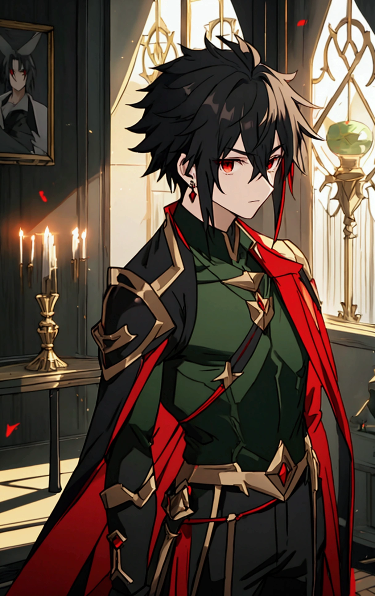 , anime character, Red eyes, Black Hair, long green hourglass tip earrings, green, Clothes in red and black hues, male  